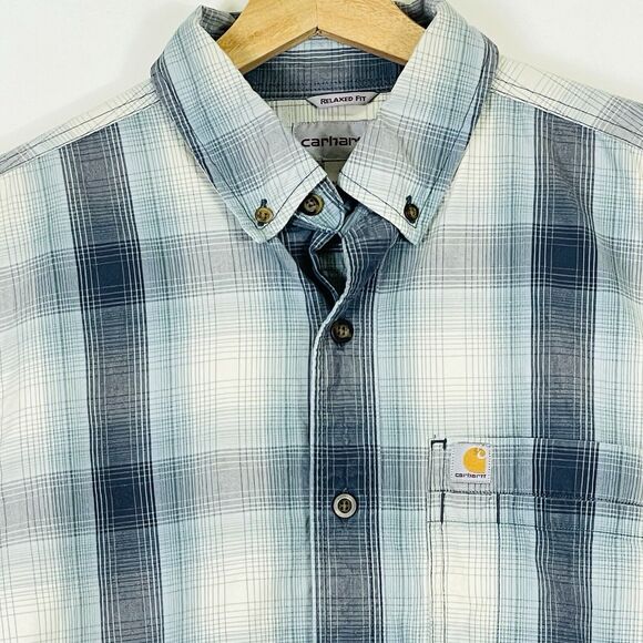 Carhartt Blue Cream Plaid Short Sleeve Button Up Relaxed Fit Shirt Men's Medium - Picture 2 of 7